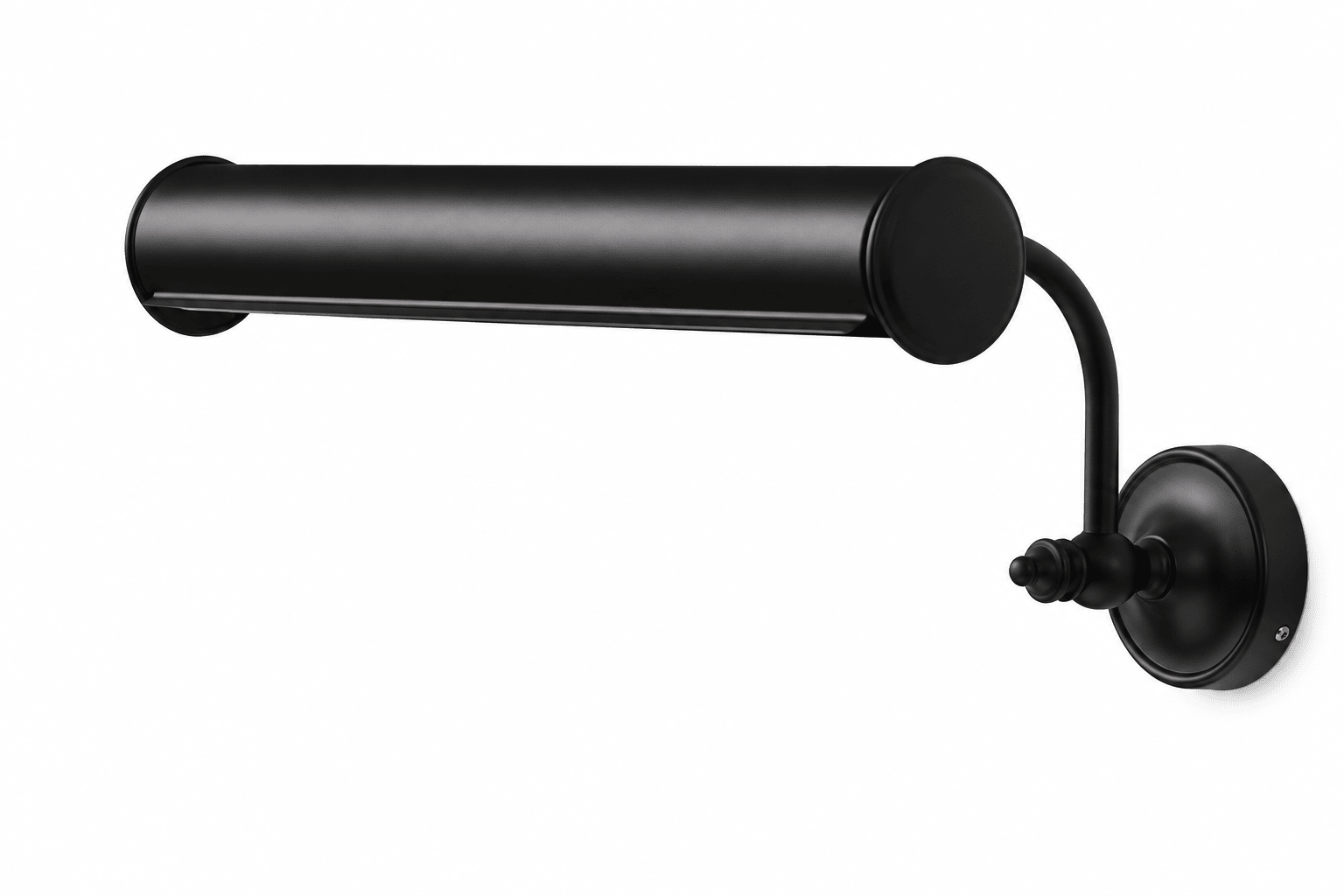 A modern matte black wall-mounted light fixture with a cylindrical horizontal bar, a curved arm, and a round wall plate, shown against a plain white background.