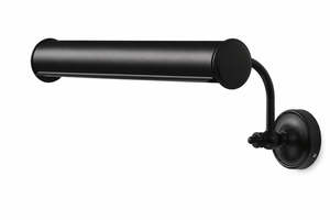 A modern matte black wall-mounted light fixture with a cylindrical horizontal bar, a curved arm, and a round wall plate, shown against a plain white background.