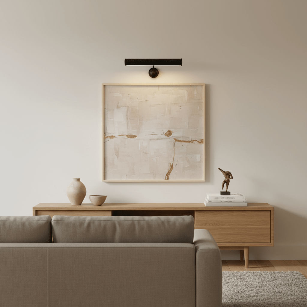 Matt black wall lamp illuminating a framed artwork above a wooden console table with decorative items.