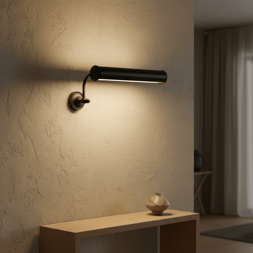 Matt black wall lamp mounted on textured wall, illuminating a wooden shelf with a decorative vase.
