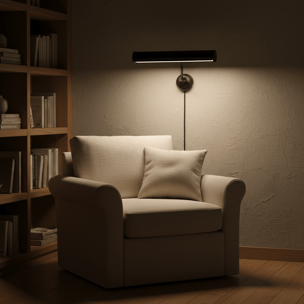Matt black wall lamp illuminating a cozy armchair with a pillow, set against a bookshelf backdrop.