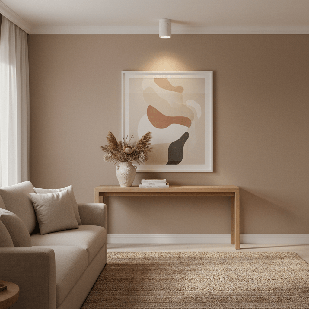 A starlight LED ceiling light mounted on a beige wall, illuminating a minimalist room with a sofa, table, and artwork.