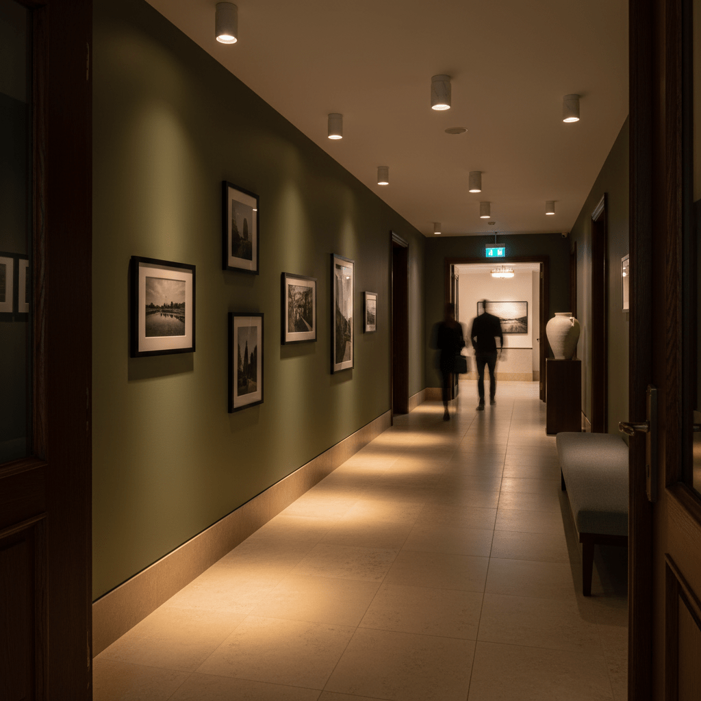 A hallway with olive green walls, framed black-and-white photos, and Cove White Marble Downlight Holders illuminating the space.