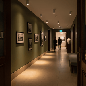 A hallway with olive green walls, framed black-and-white photos, and Cove White Marble Downlight Holders illuminating the space.