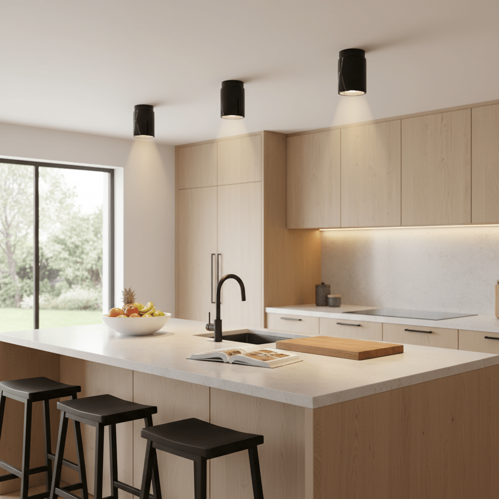 A modern kitchen featuring a black marble downlight holder, wooden cabinetry, a white countertop, and black stools.