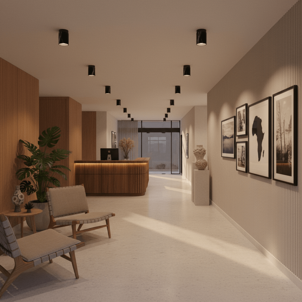 A modern interior with Cove Black Marble Downlight Holders, wooden reception desk, framed artwork, and seating.