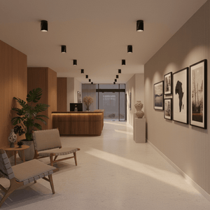 A modern interior with Cove Black Marble Downlight Holders, wooden reception desk, framed artwork, and seating.