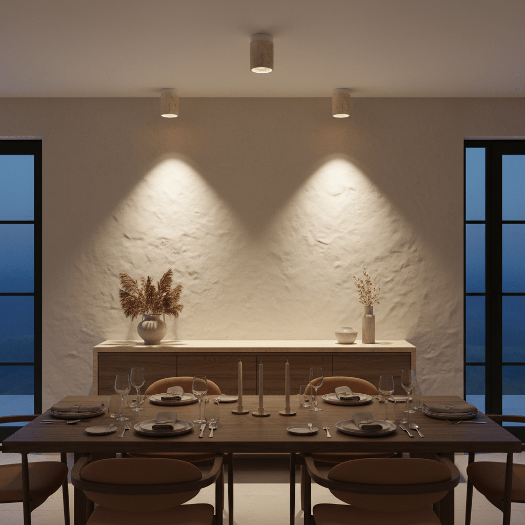 Cove Travertine Marble Downlight Holder mounted on a textured wall, illuminating a dining table set with dishes and glassware.