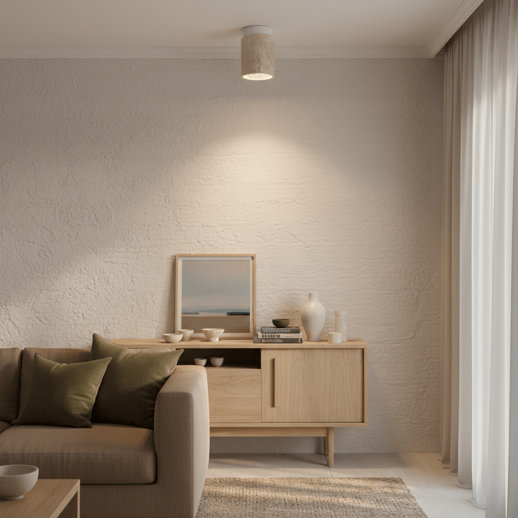 Cove Travertine Marble Downlight Holder mounted on a textured wall, illuminating a modern living space with neutral tones.