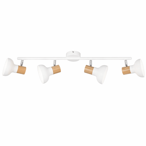 Track light fixture with white lampshades and wooden accents on a white background