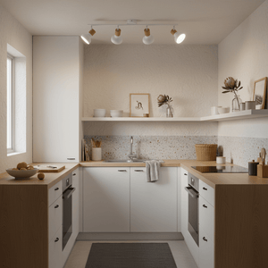 White Metal 4-Light Spotlight mounted in a modern kitchen, illuminating countertops and decor.