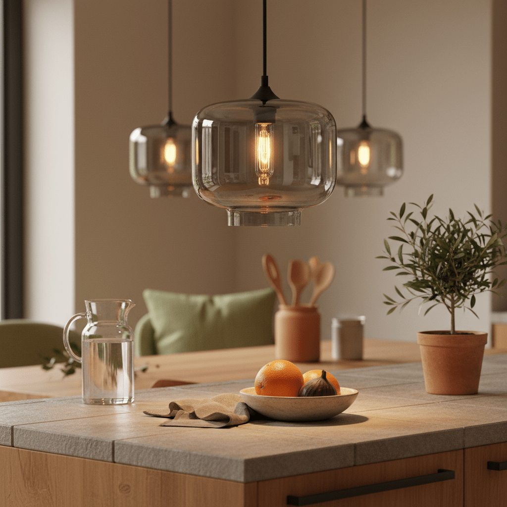 Smoke grey glass pendant lights hanging above a kitchen island with fruits and a water jug on the counter.