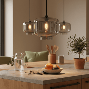 Smoke grey glass pendant lights hanging above a kitchen island with fruits and a water jug on the counter.