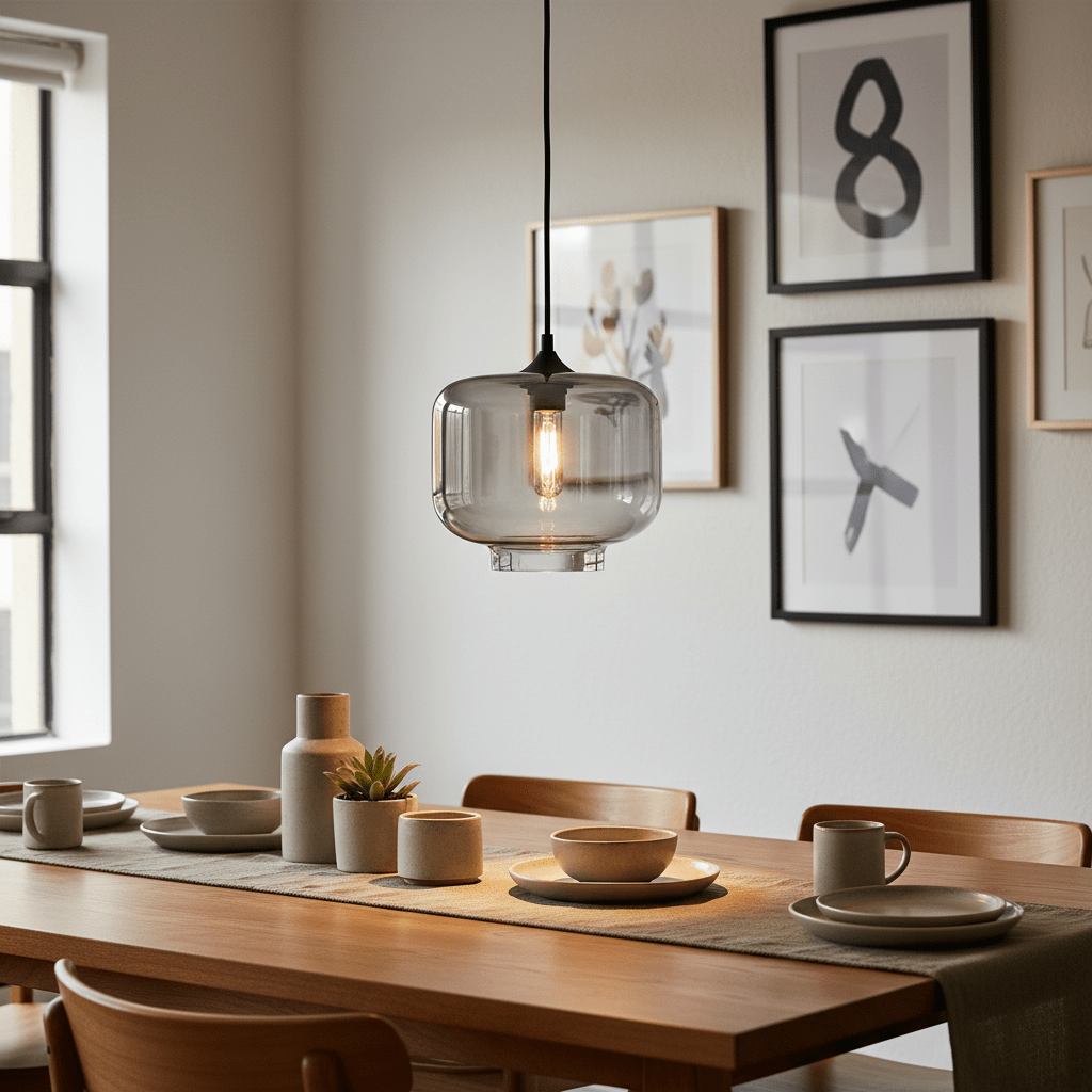 Smoke grey Elza glass pendant light hanging above a dining table set with plates and cups.
