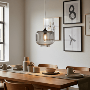 Smoke grey Elza glass pendant light hanging above a dining table set with plates and cups.