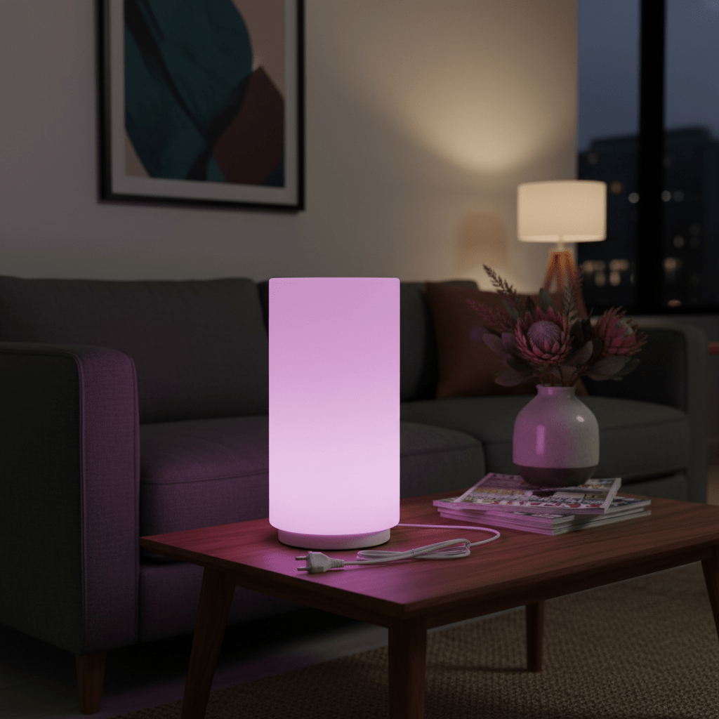 Smart lamp on a coffee table in a dimly lit living room