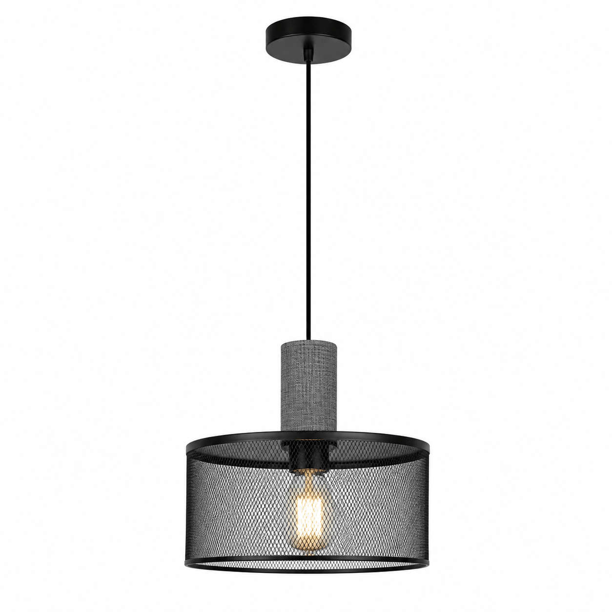 Industrial-style pendant light featuring a mesh and stone design, suspended from a black ceiling mount.