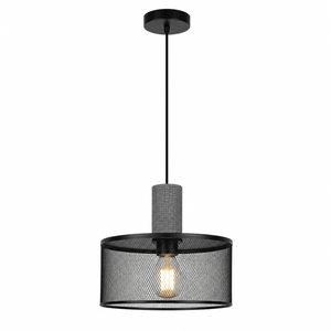 Industrial-style pendant light featuring a mesh and stone design, suspended from a black ceiling mount.