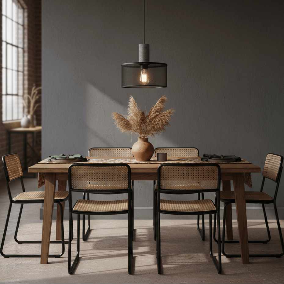 Stylish dining setup featuring a mesh and stone pendant light above a wooden table with decorative elements.
