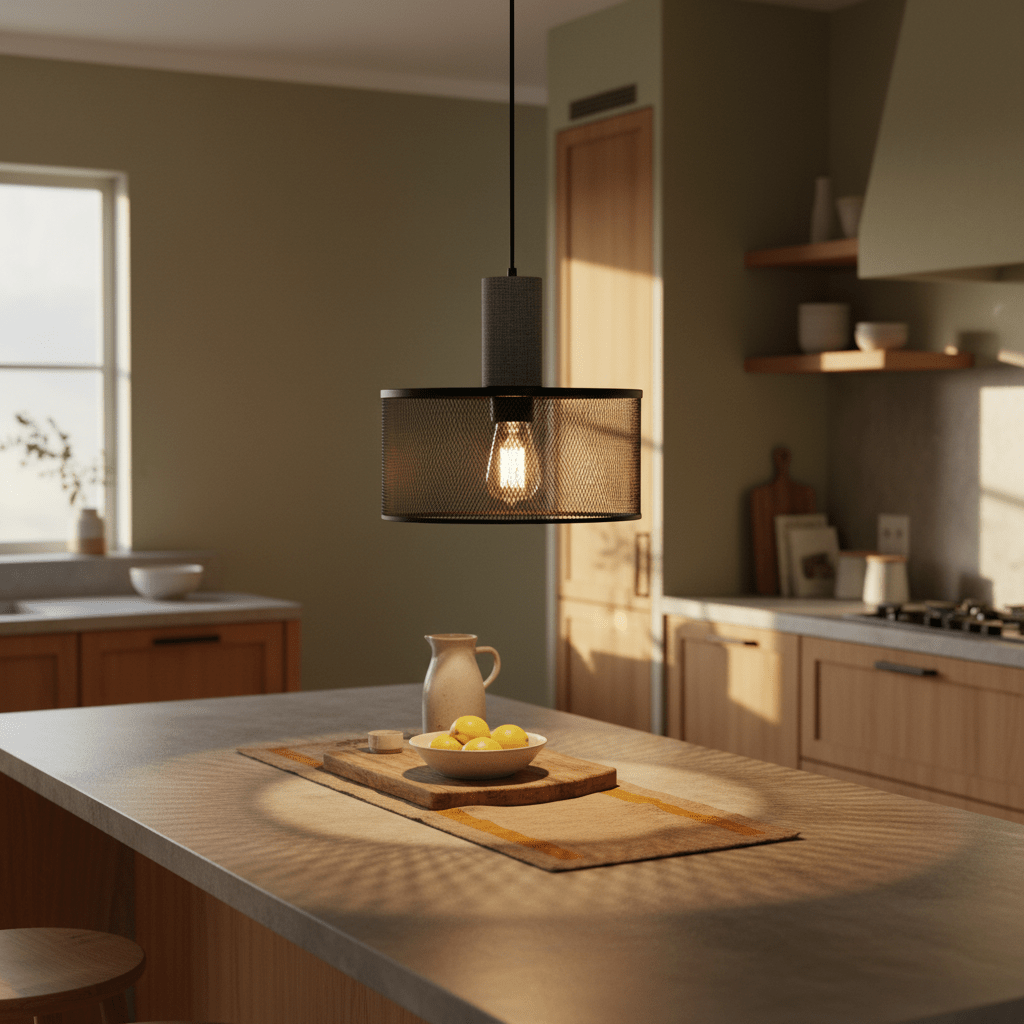 Industrial-style pendant light with mesh shade illuminating a kitchen island with a bowl of lemons.