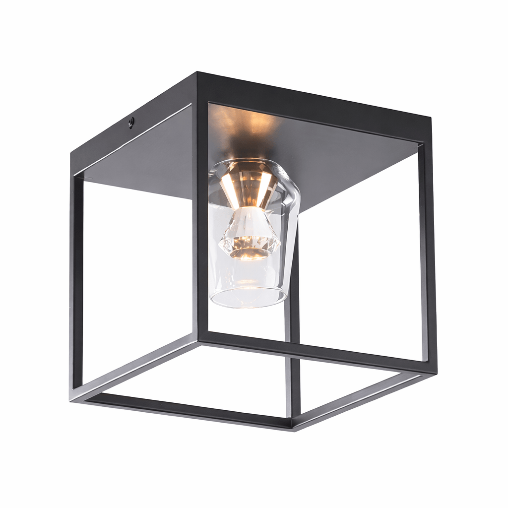 Modern ceiling light fixture with black frame and clear glass cover on a white background