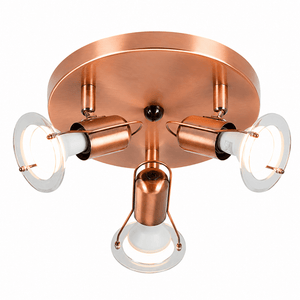 Copper ceiling light fixture with three bulbs on a white background