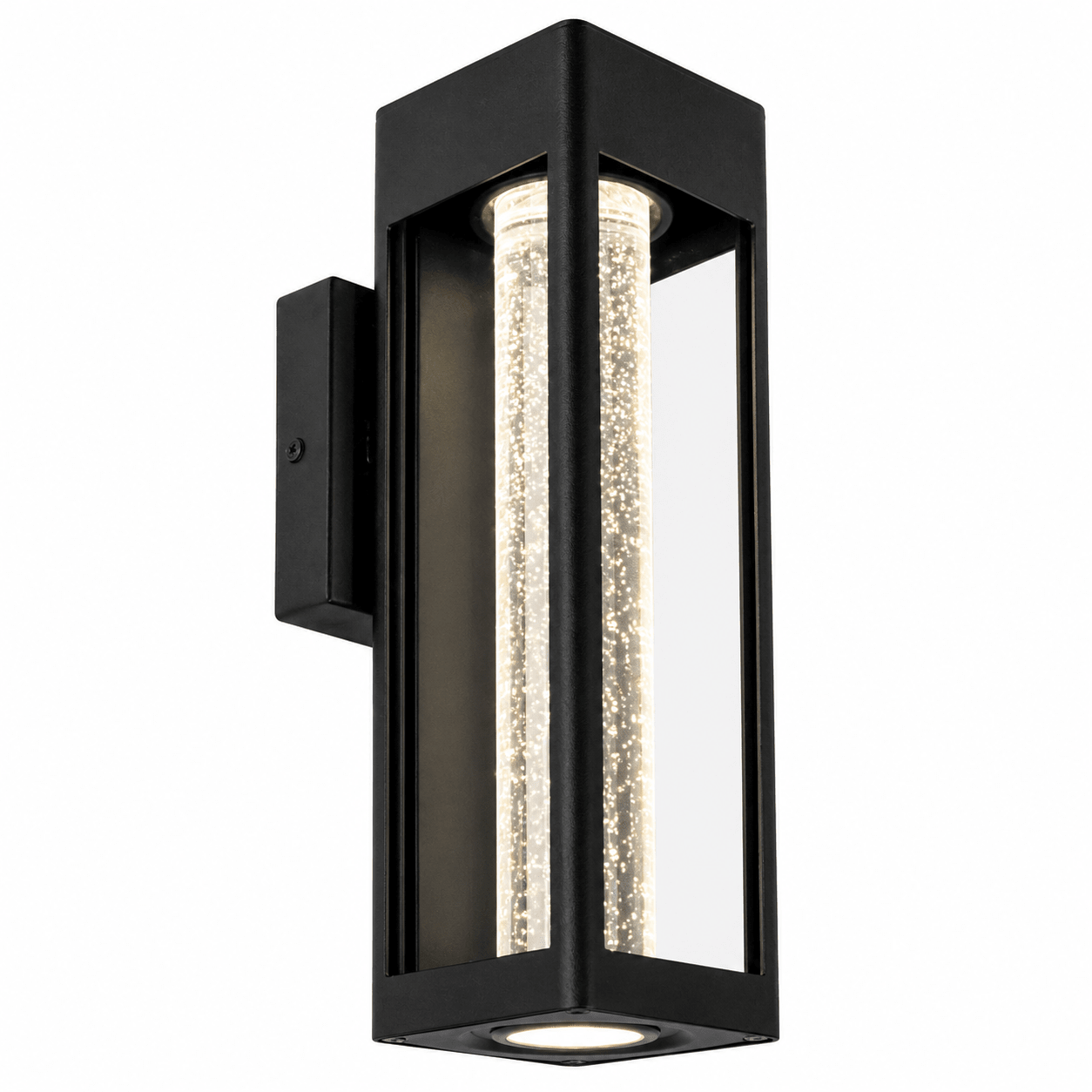 Black outdoor wall light fixture on a white background