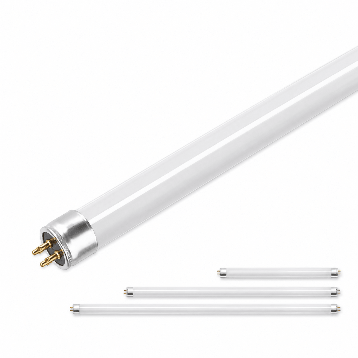 LED T5 tube light, 5 feet long with a clear glass body and aluminum end caps, showcasing its connectors.