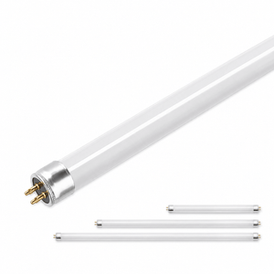 LED T5 tube light, 5 feet long with a clear glass body and aluminum end caps, showcasing its connectors.