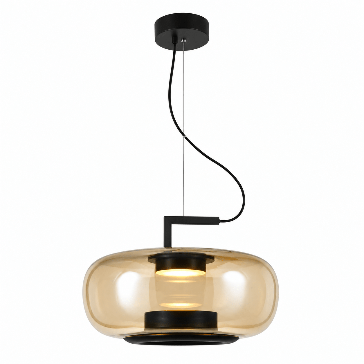 Modern amber glass pendant light with black metal accents, suspended from a ceiling mount.
