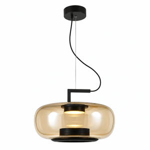 Modern amber glass pendant light with black metal accents, suspended from a ceiling mount.