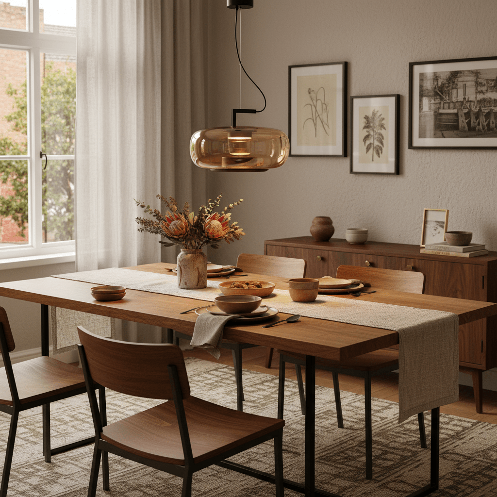 Stylish dining table set with the Magnum Minima Amber LED Pendant hanging above, featuring warm decor and tableware.