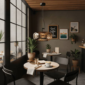Stylish amber LED pendant light hanging over a cozy café table with coffee and plants.