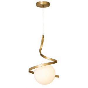 Gold infinity pendant light with a frosted glass ball, suspended from a sleek gold ceiling mount.