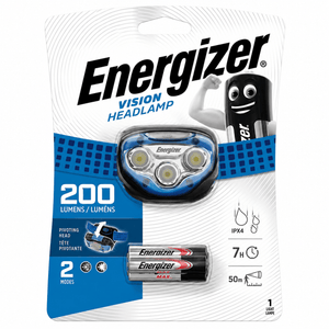Energizer Vision Headlamp 200 Lumens in packaging, featuring LED lights and battery information.