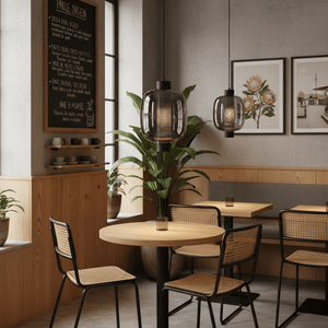 Chicago Large Black Glass Pendant lights hanging over a wooden table in a modern café setting.