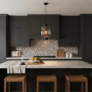 Chicago Large Black Glass Pendant light hanging above a kitchen island with a marble countertop and fruit bowl.