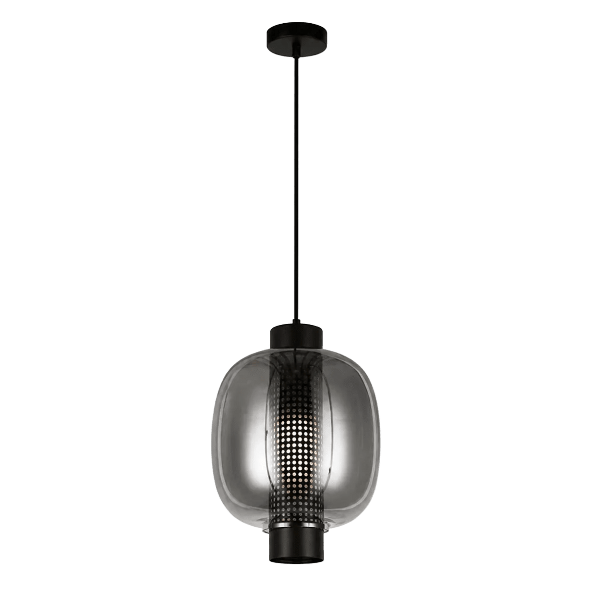 Black glass pendant light with a rounded shape and perforated metal detail, suspended from a black ceiling mount.