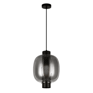 Black glass pendant light with a rounded shape and perforated metal detail, suspended from a black ceiling mount.