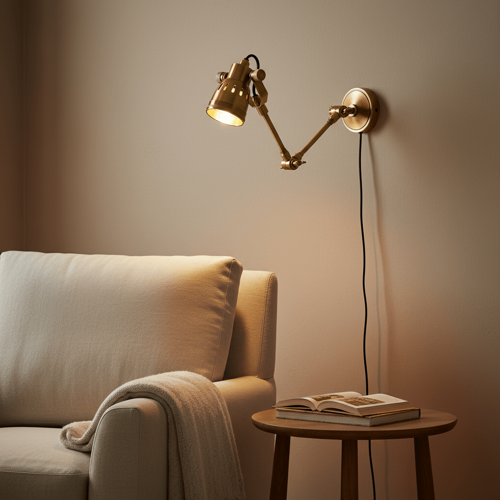 Antique brass swing wall lamp mounted beside a cozy sofa with a throw blanket and a book on a side table.