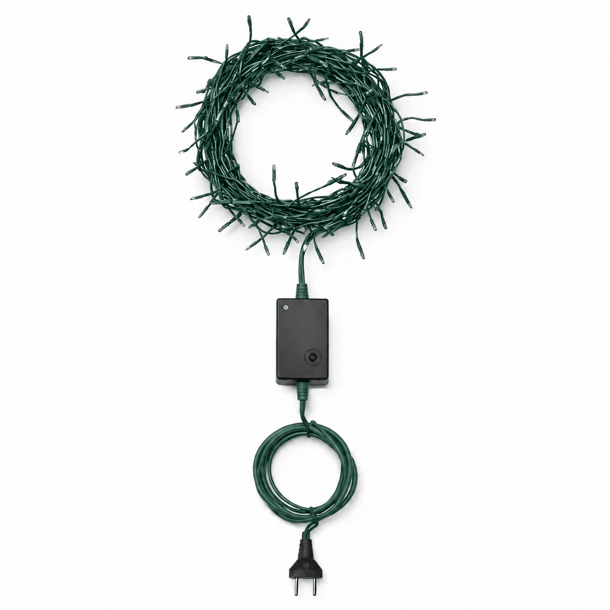 LED fairy lights on a green cable, coiled with a control box and plug, showcasing 12 meters of decorative lighting.
