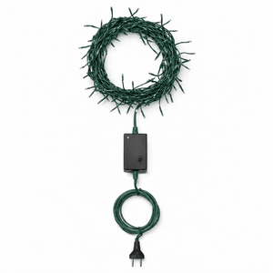 LED fairy lights on a green cable, coiled with a control box and plug, showcasing 12 meters of decorative lighting.