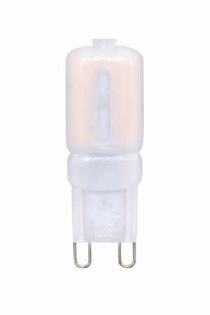 G9 LED bulb in a clear casing, showcasing its compact design and two metal pins.
