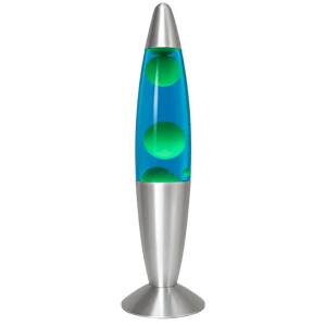 A tall, silver lava lamp with a blue liquid and green bubbles inside, featuring a sleek, modern design.
