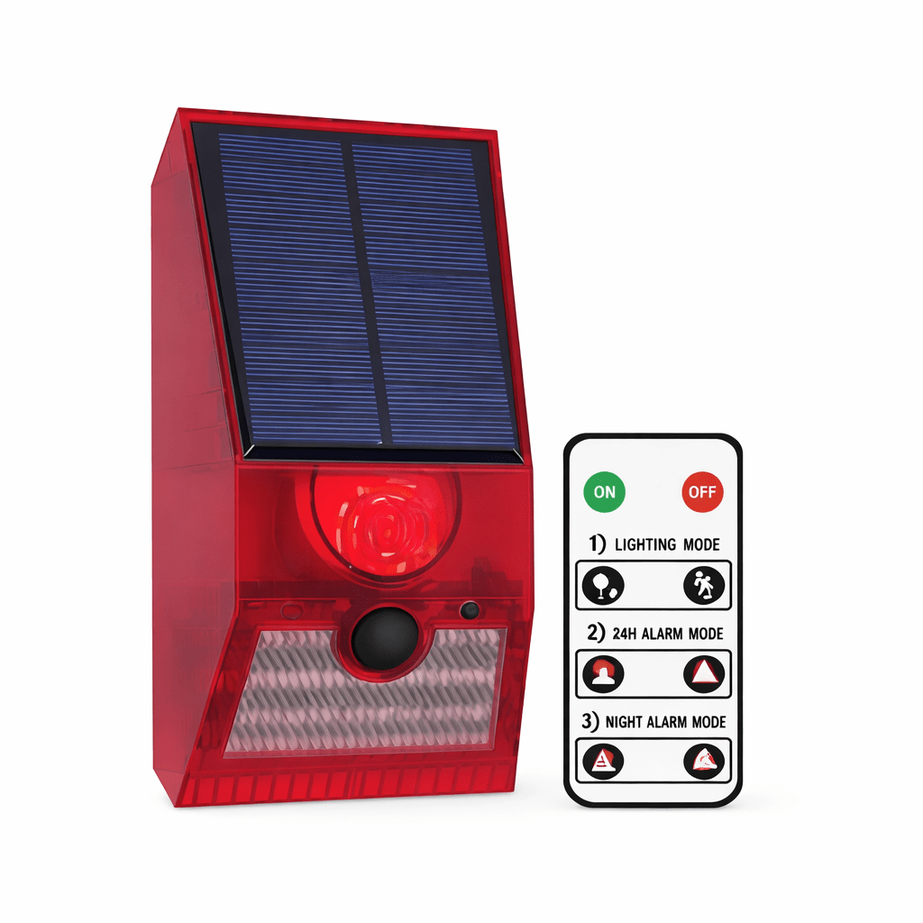 Red solar-powered security light with a remote control on a white background