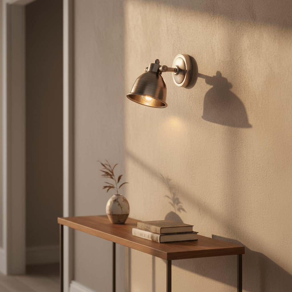 Antique silver wall lamp illuminating a wooden table with books and a vase, casting soft shadows.