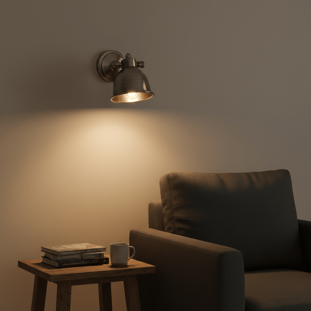 Antique silver wall lamp illuminating a cozy reading nook with a chair and side table.