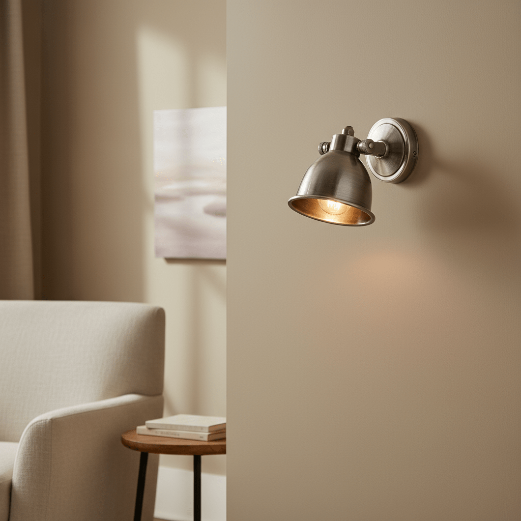 Antique silver wall lamp mounted on a beige wall, illuminating a cozy seating area with a side table and books.