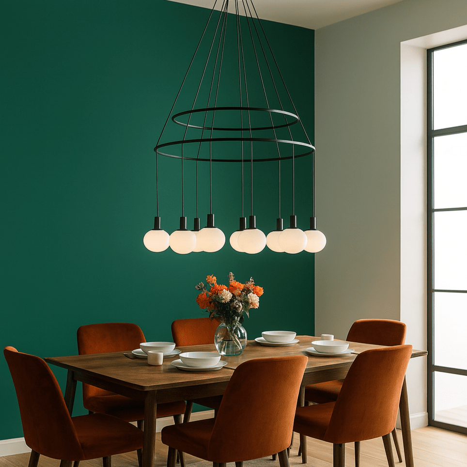 Dining room with a modern chandelier, wooden table, and orange chairs against a green wall.