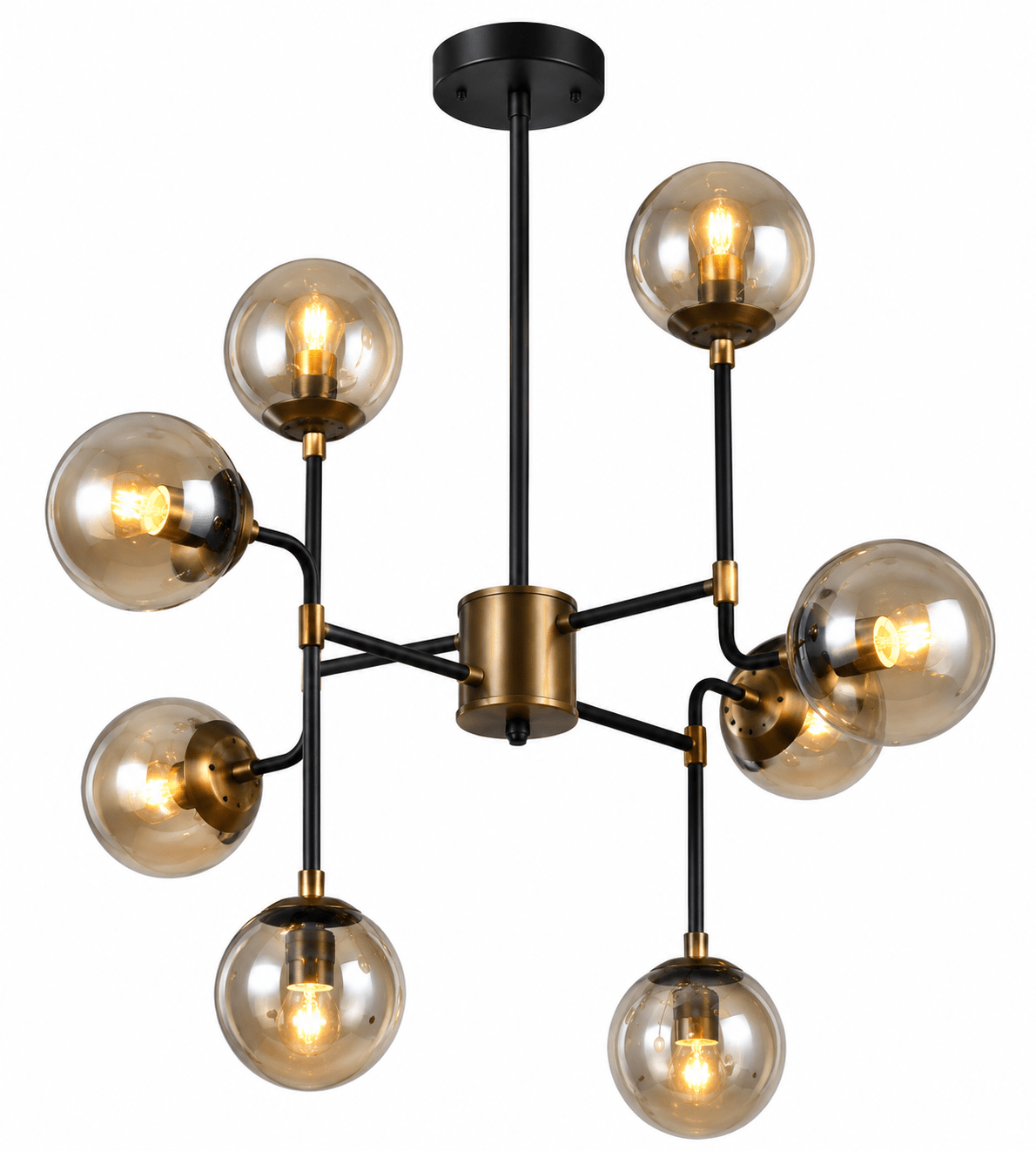 8 Light Black and Bronze Chandelier with glass globes, showcasing a modern design and elegant finish.